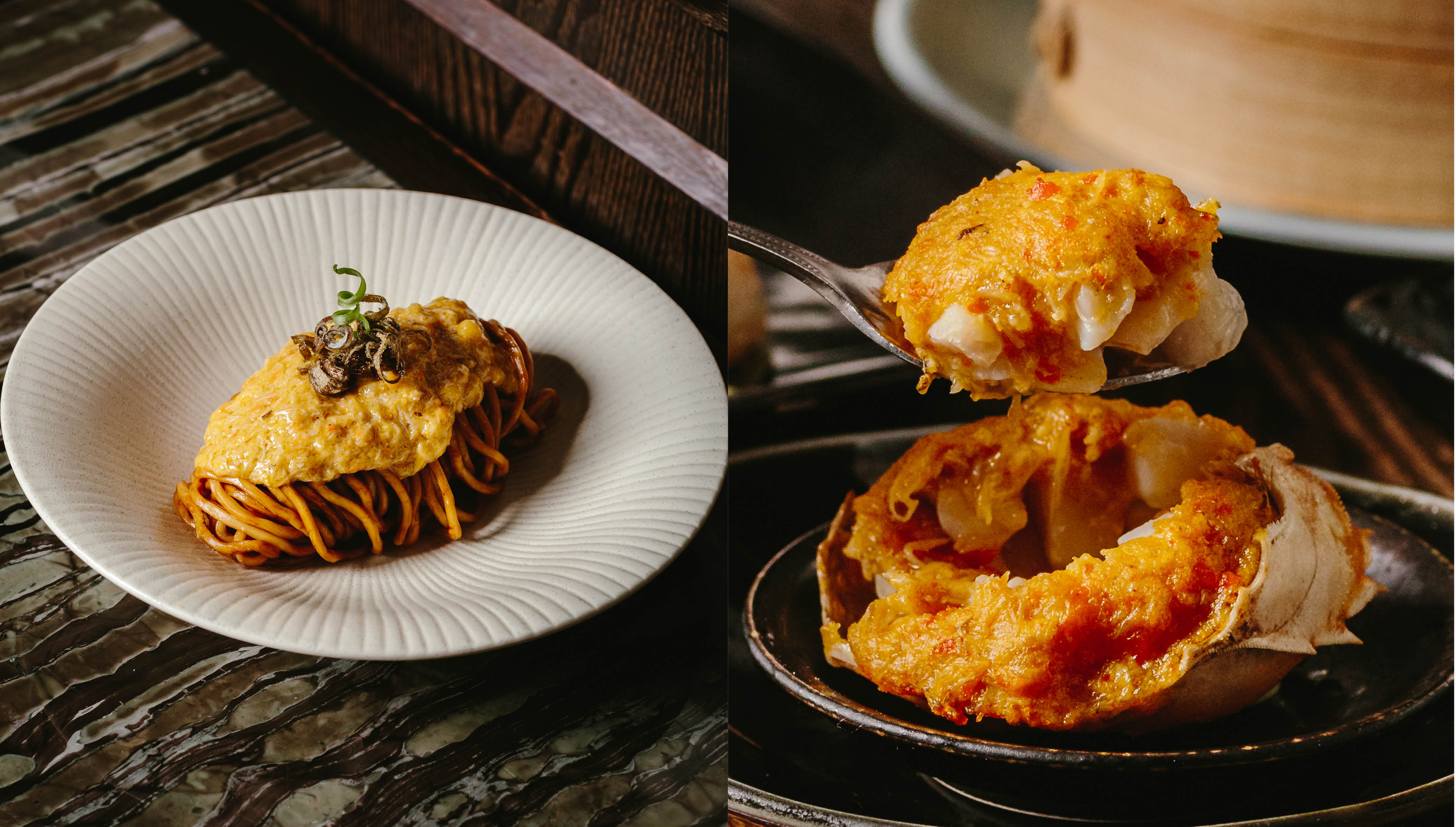 Mott 32's Tossed Shanghainese Noodles with Hairy Crab Roe (left) and baked Mandarin fish in hairy crab shell (right)